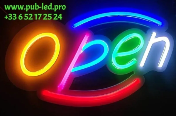NÉON LUMINEUX “OPEN”, CHOIX DE DIMENSIONS (50CM À 100CM) ET COULEURS VARIÉES